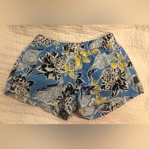 Patagonia woman’s barely baggy blue floral, Hawaiian beach shorts, size small